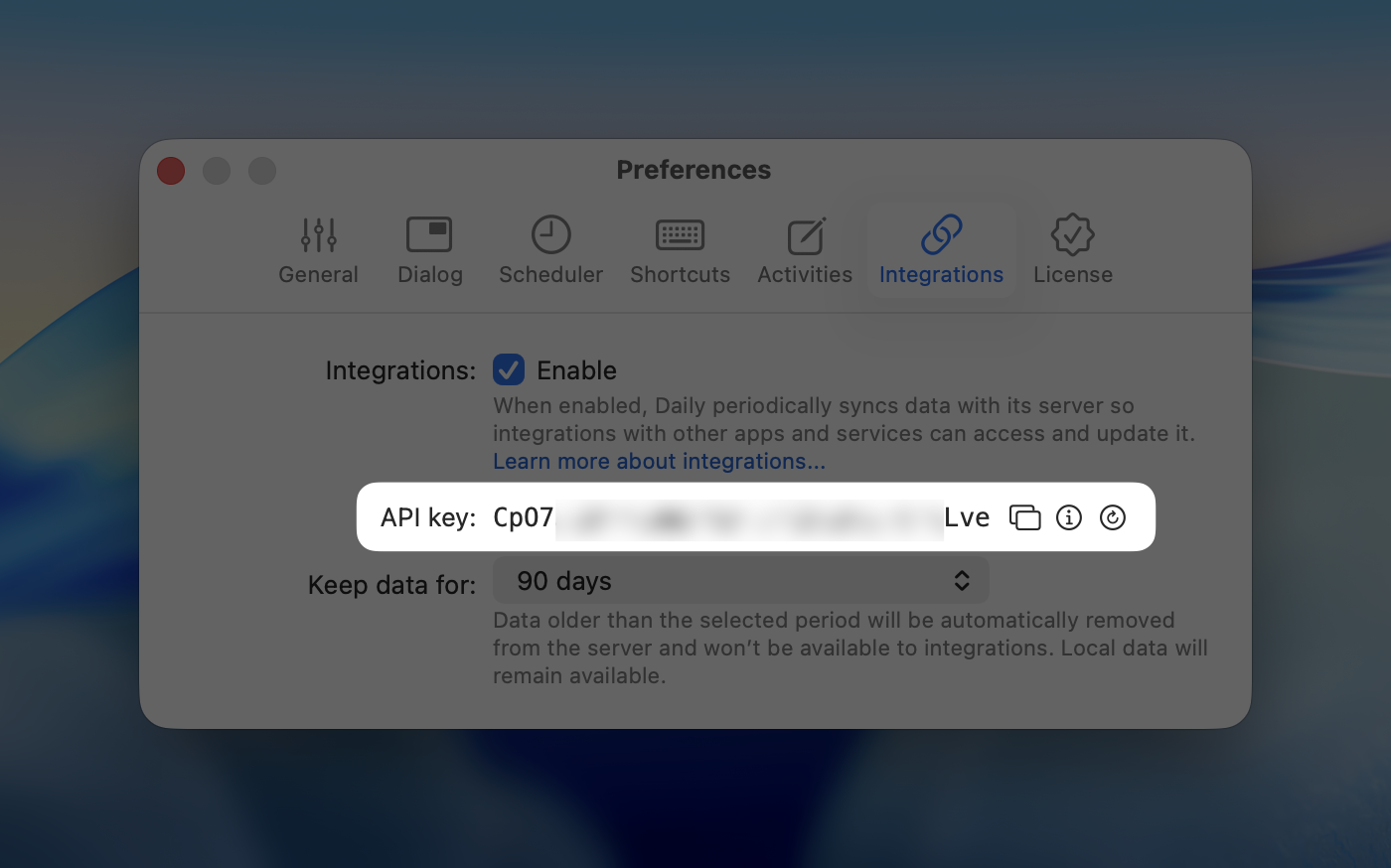 Daily Integrations' API key location
