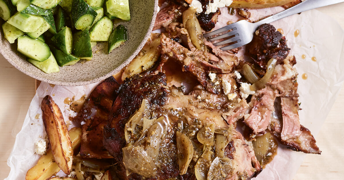 An image of a slow cooked greek lamb shoulder from "Wholesome by Sarah"