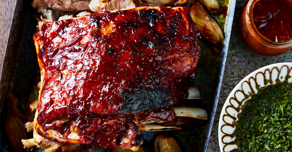 Image of roast lamb shoulder w. fruit chutney glaze from Adam Liaw's "7 Days of Dinner"