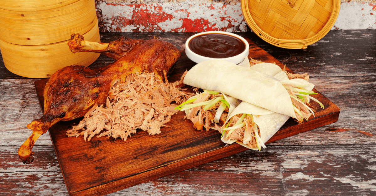 Aromatic duck and pancakes with plum sauce.