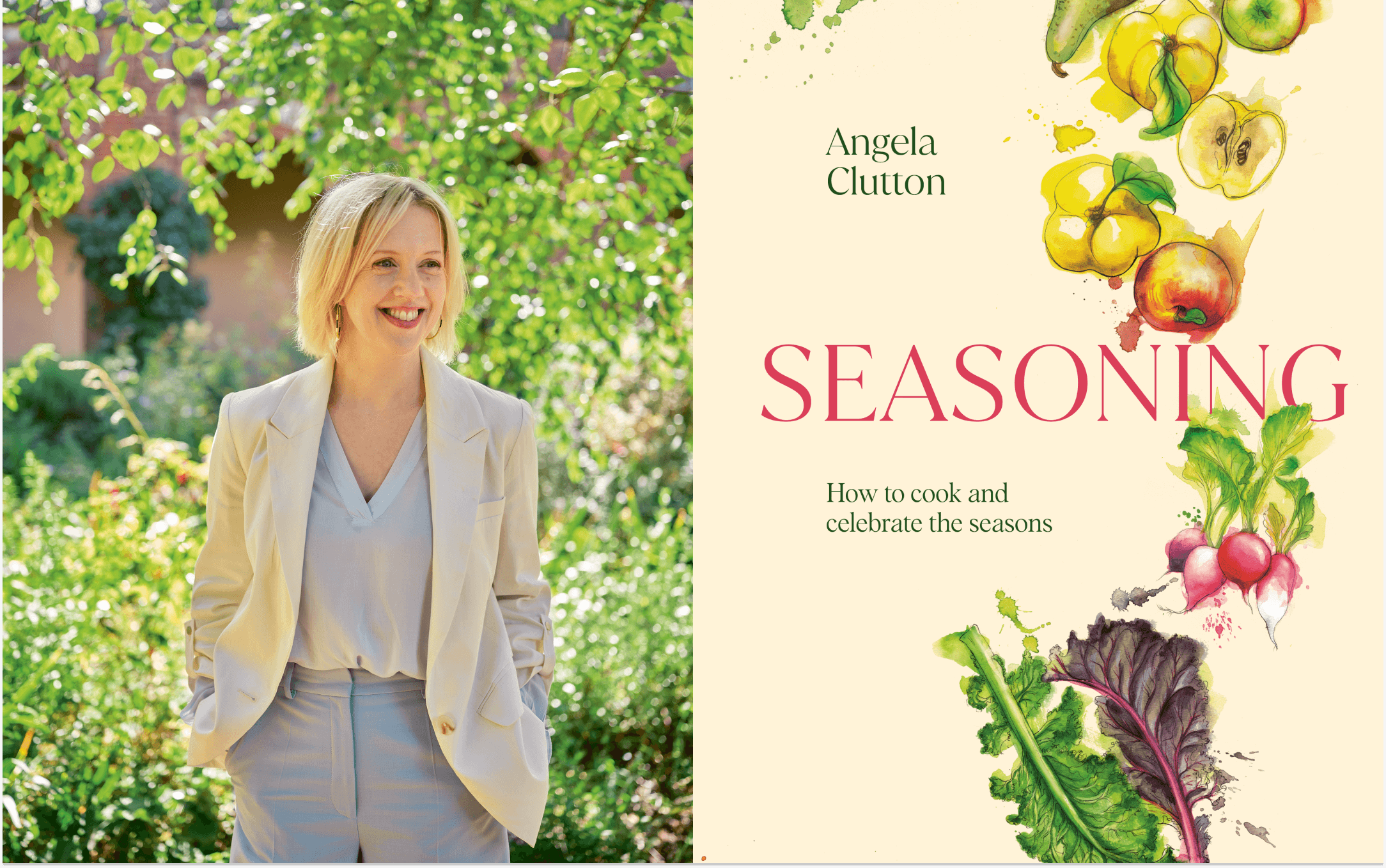 Cover of Seasoning by Angela Clutton, plus image of the author