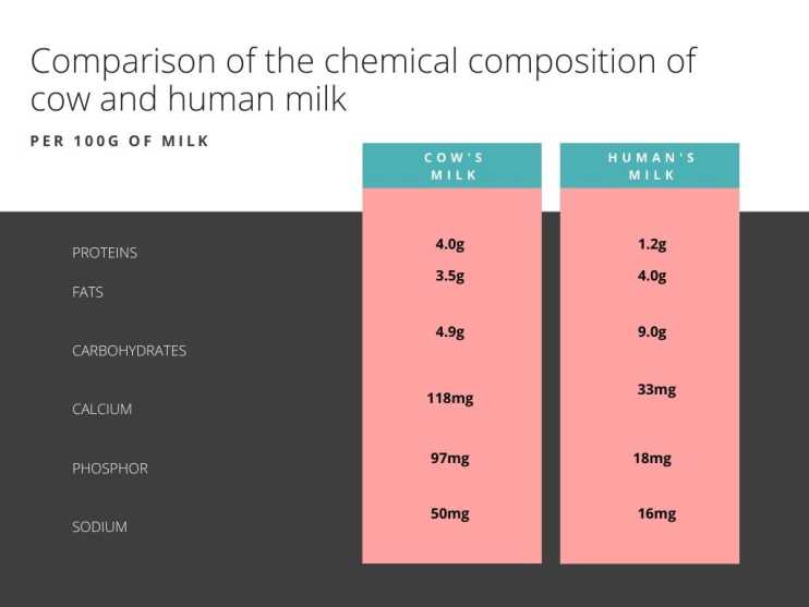 Comparison of the chemical composition of cow and human milk