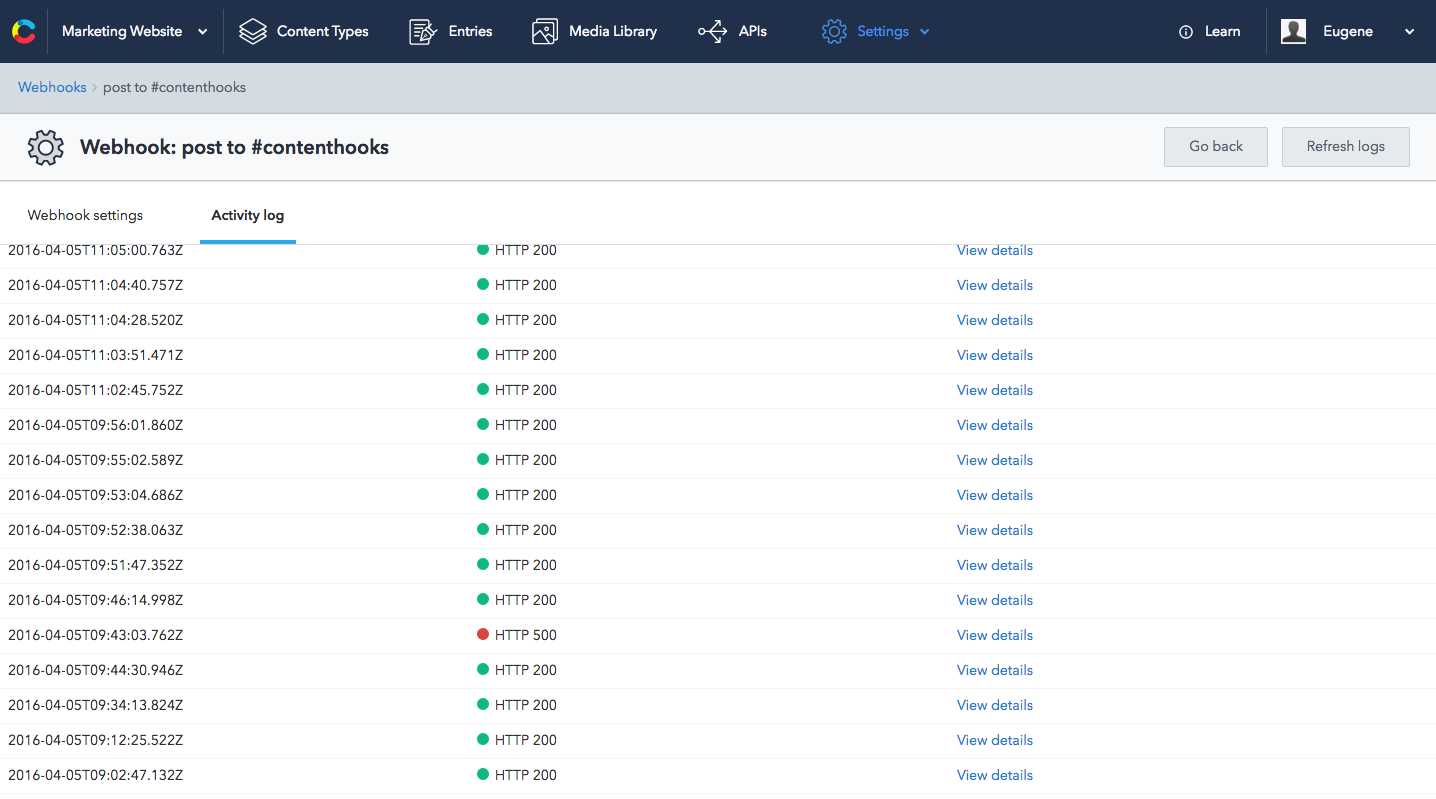 Activity log for webhooks