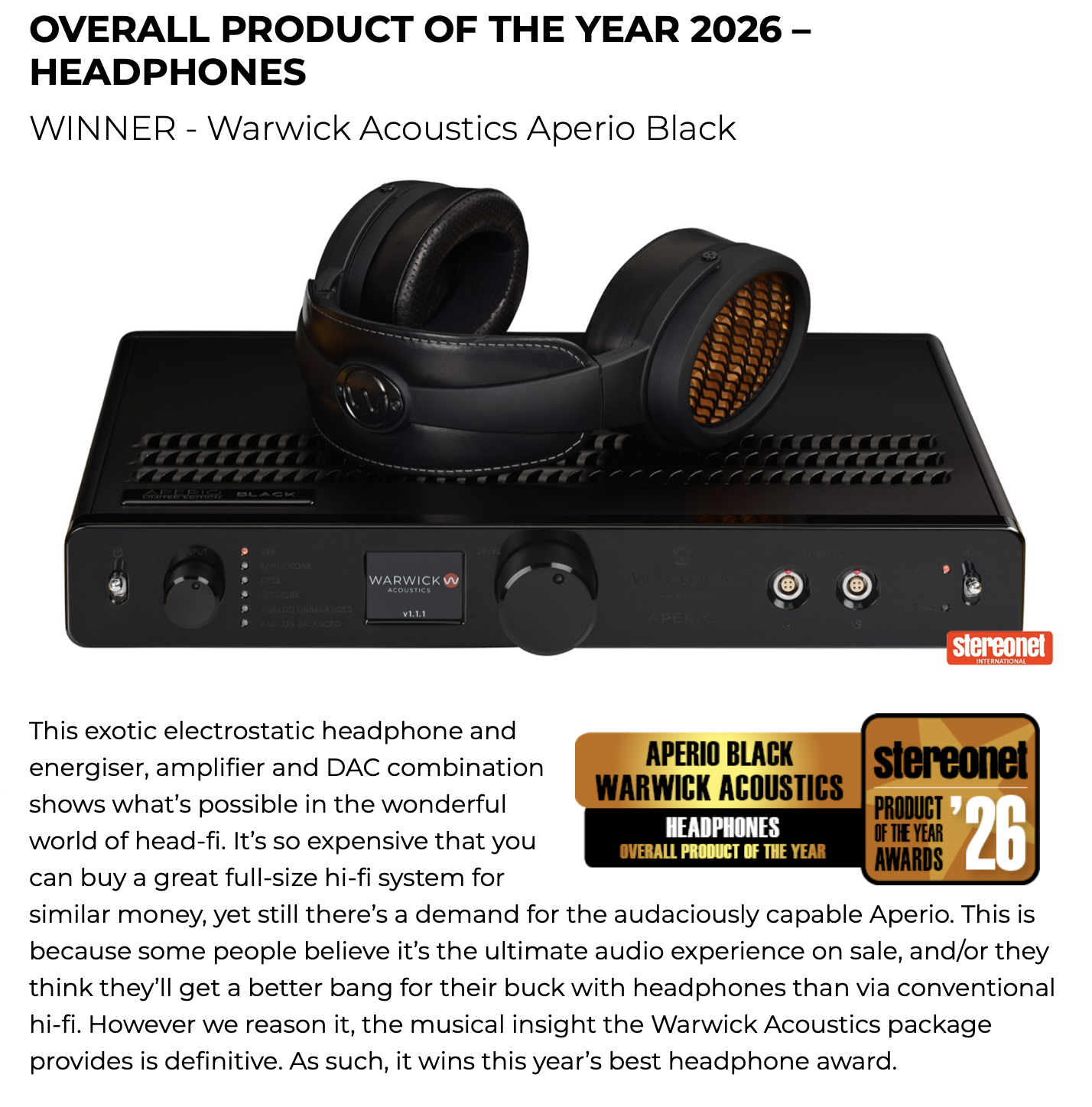 Warwick Acoustics' Limited Edition BLACK APERIO wins Overall Product of the Year 2026 - Headphones Award - StereoNET