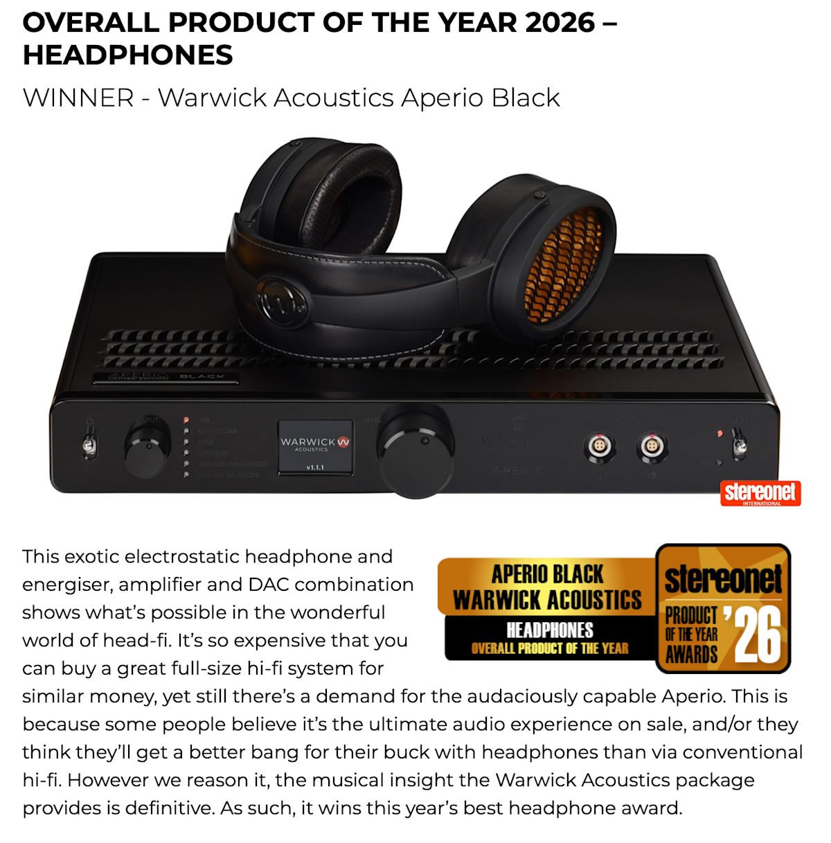 Warwick Acoustics' Limited Edition BLACK APERIO wins Overall Product of the Year 2026 - Headphones Award - StereoNET