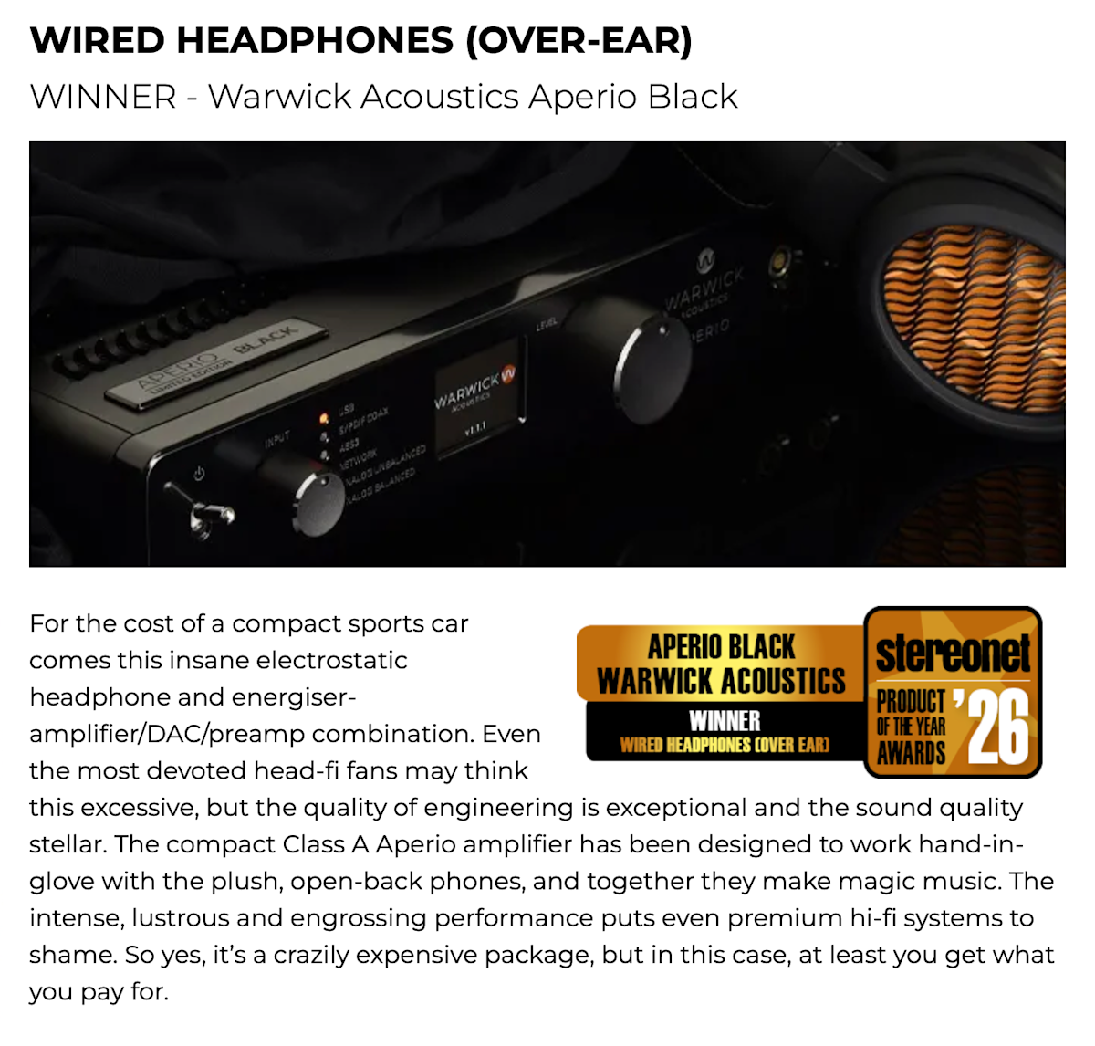 Limited Edition BLACK APERIO wins WIRED Headphone (Over Ear) Award - StereoNET