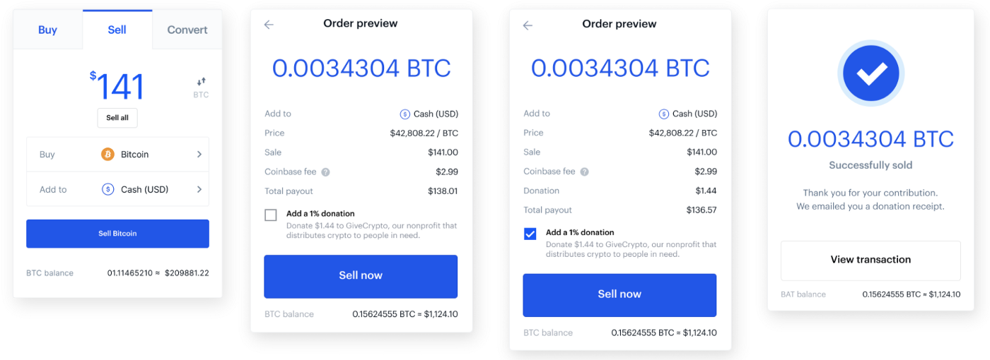 GiveCrypto Q3 Update - Mock-up of a donate one percent integration in the sell flow