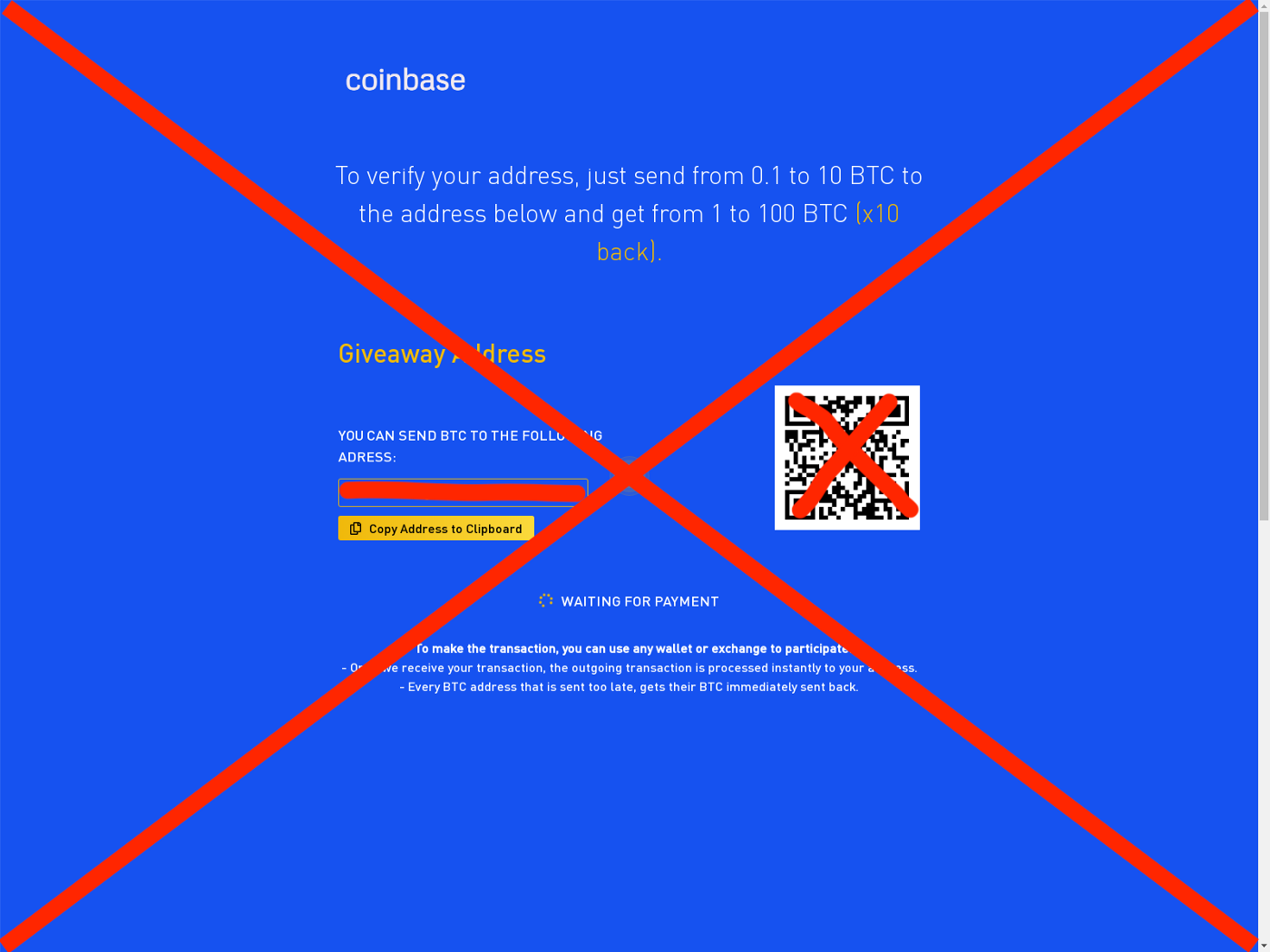 Cryptocurrency giveaway scam webpage with giveaway scam address.