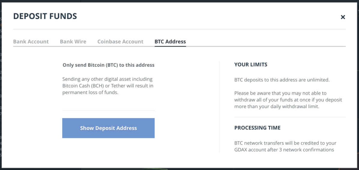 Deposit BTC on GDAX