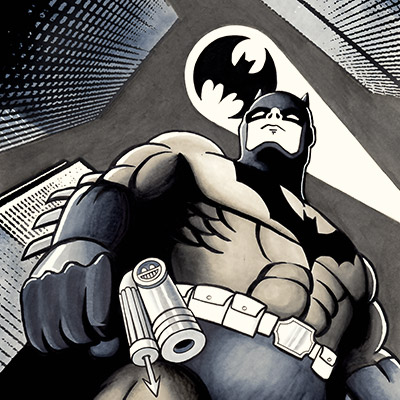 batman illustration with bat signal in background