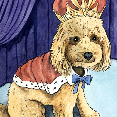 dog with king's crown and sword