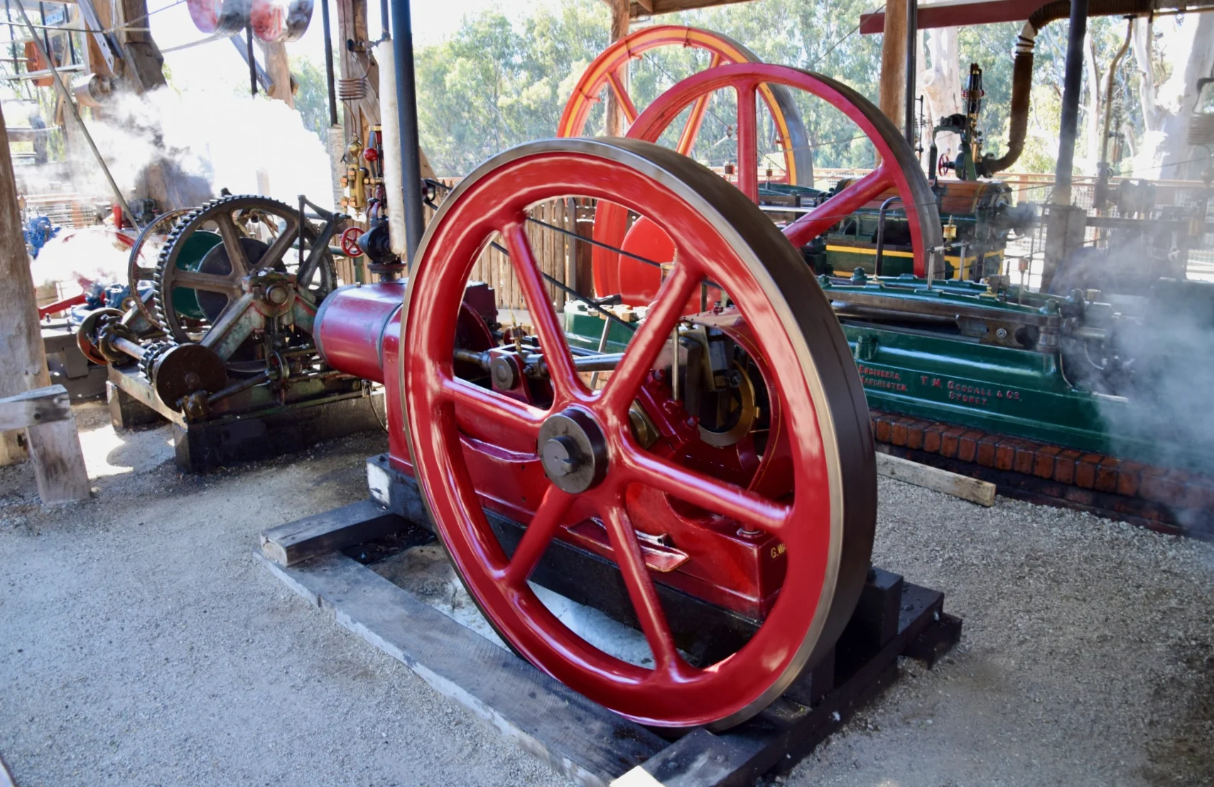 Operational steam engine billowing smoke at Echuca Discovery Centre, Echuca