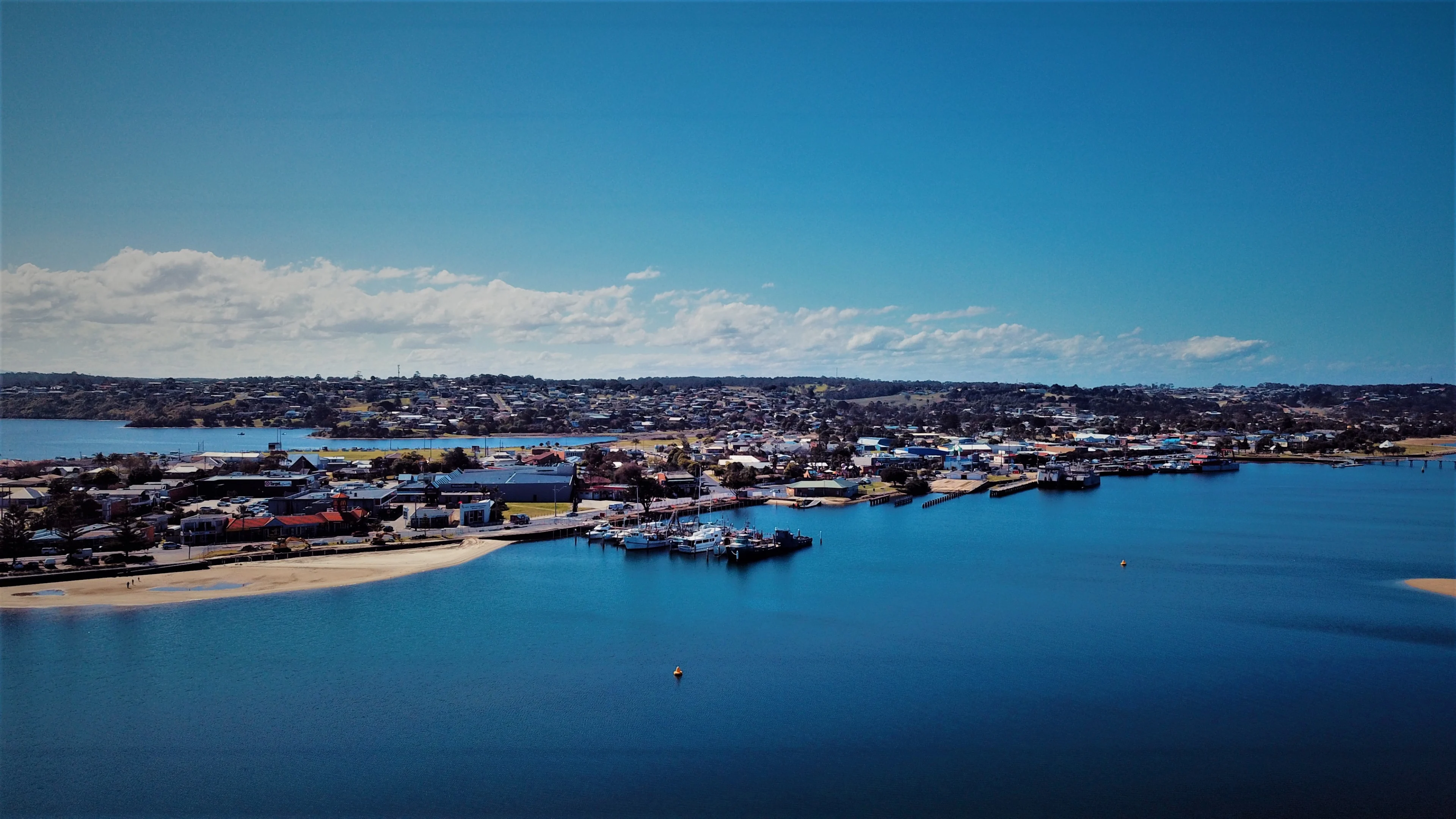 Aerial view of Lakes Entrance, Gippsland. 