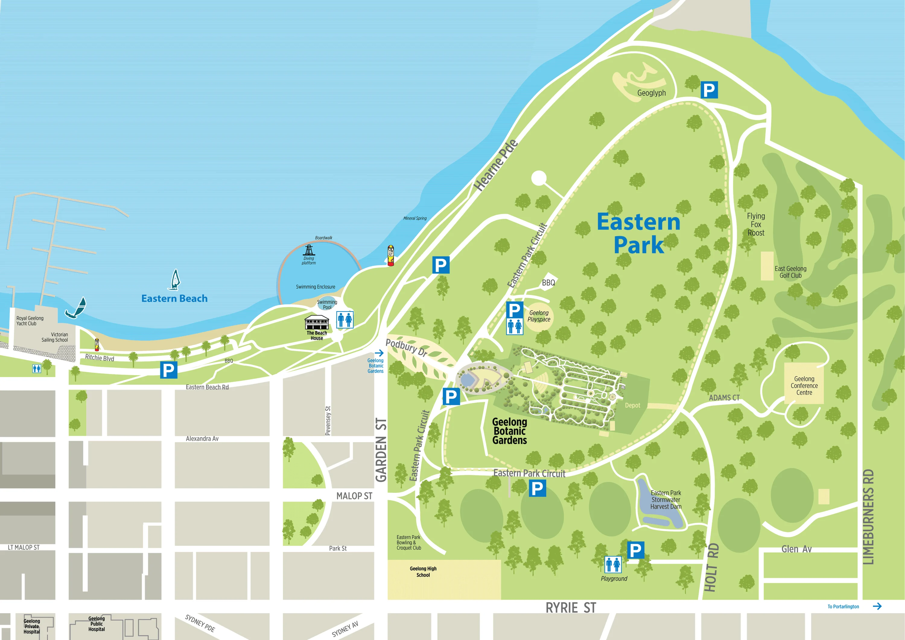A map of Eastern Park highlighting the location of the Geelong Botanic Gardens.