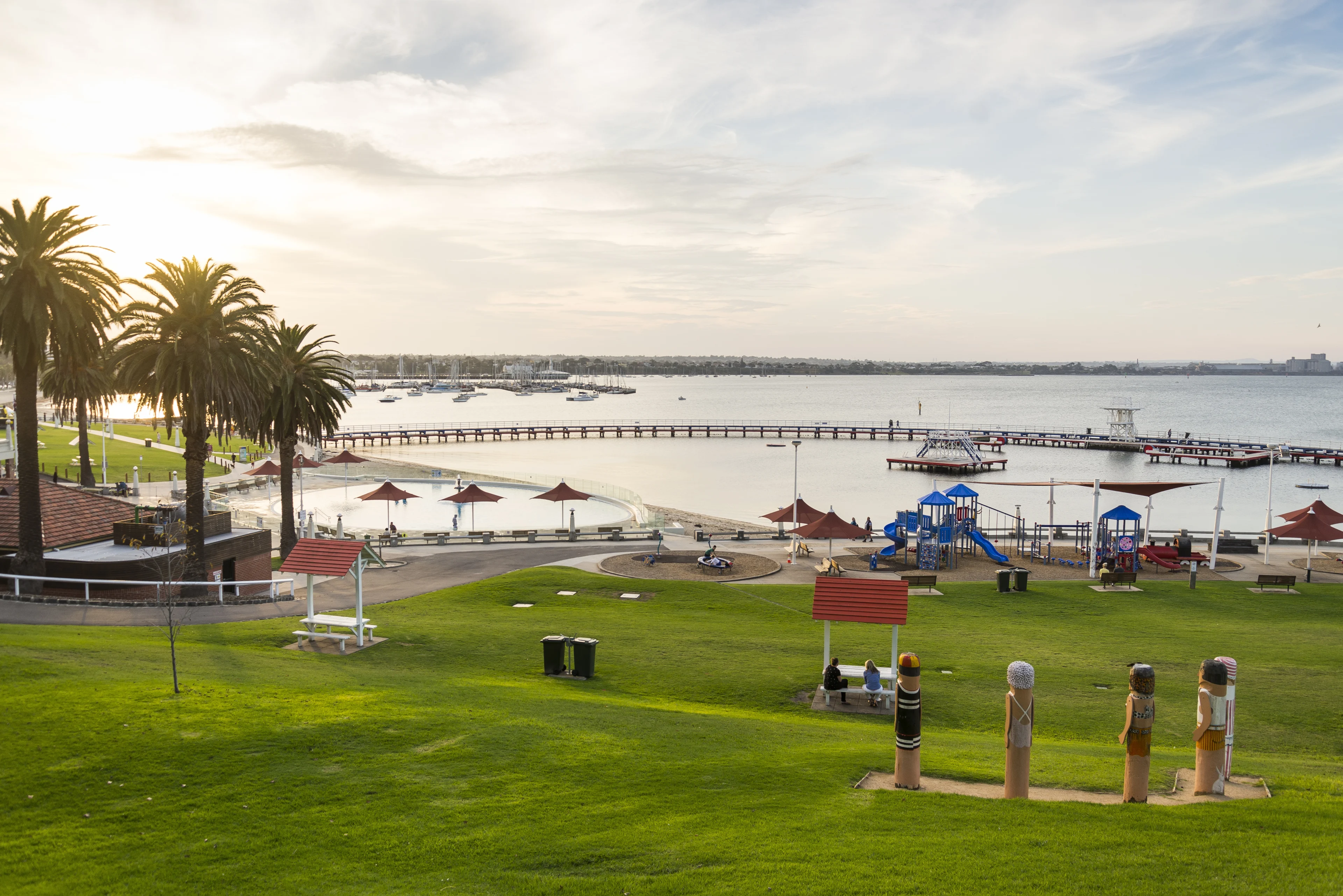 Foreshore at Eastern Beach Geelong with the sea baths in view and a section of the children's pool.