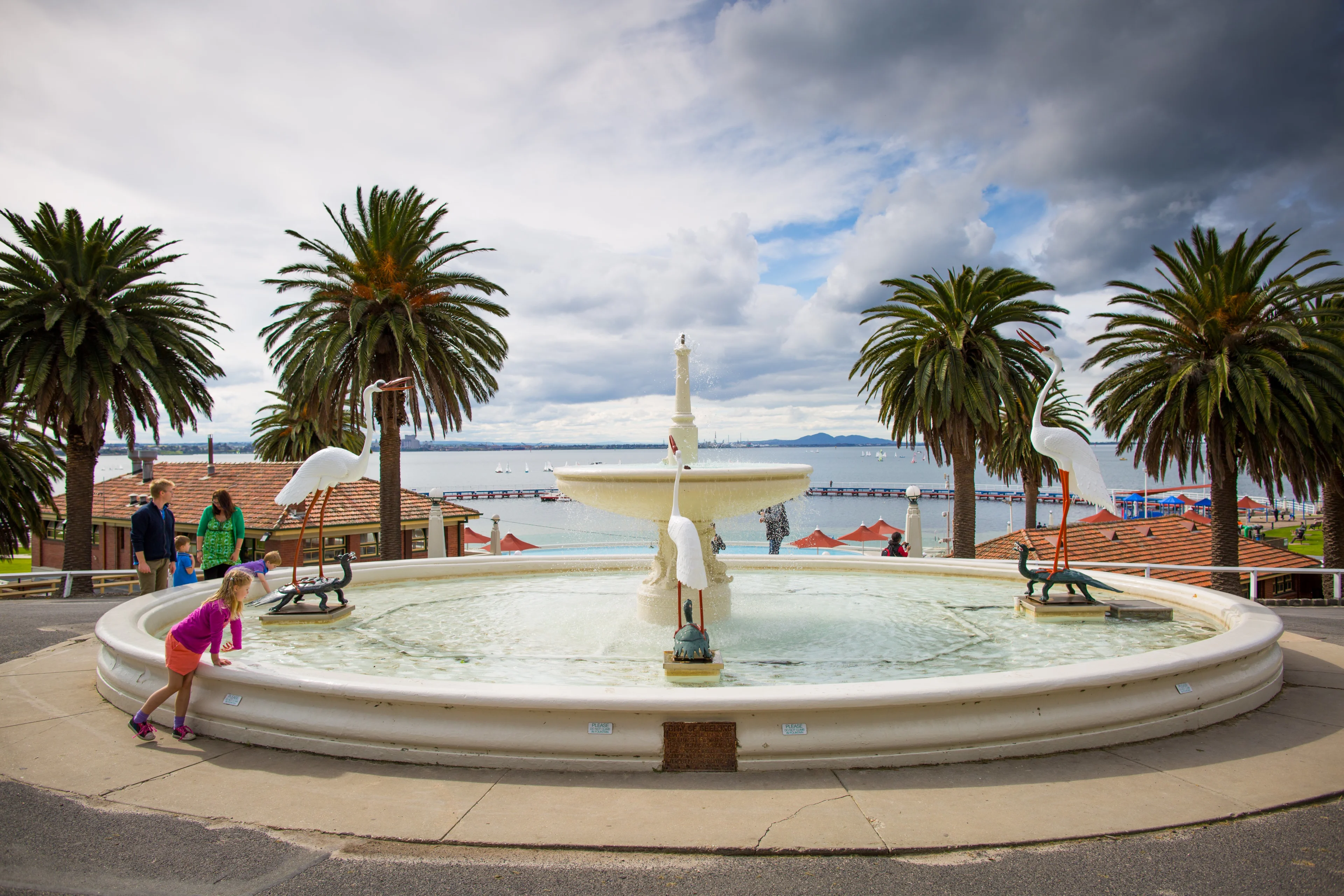 Fountain with a few herron birds around the outside, with view to Eastern Beach, Geelong