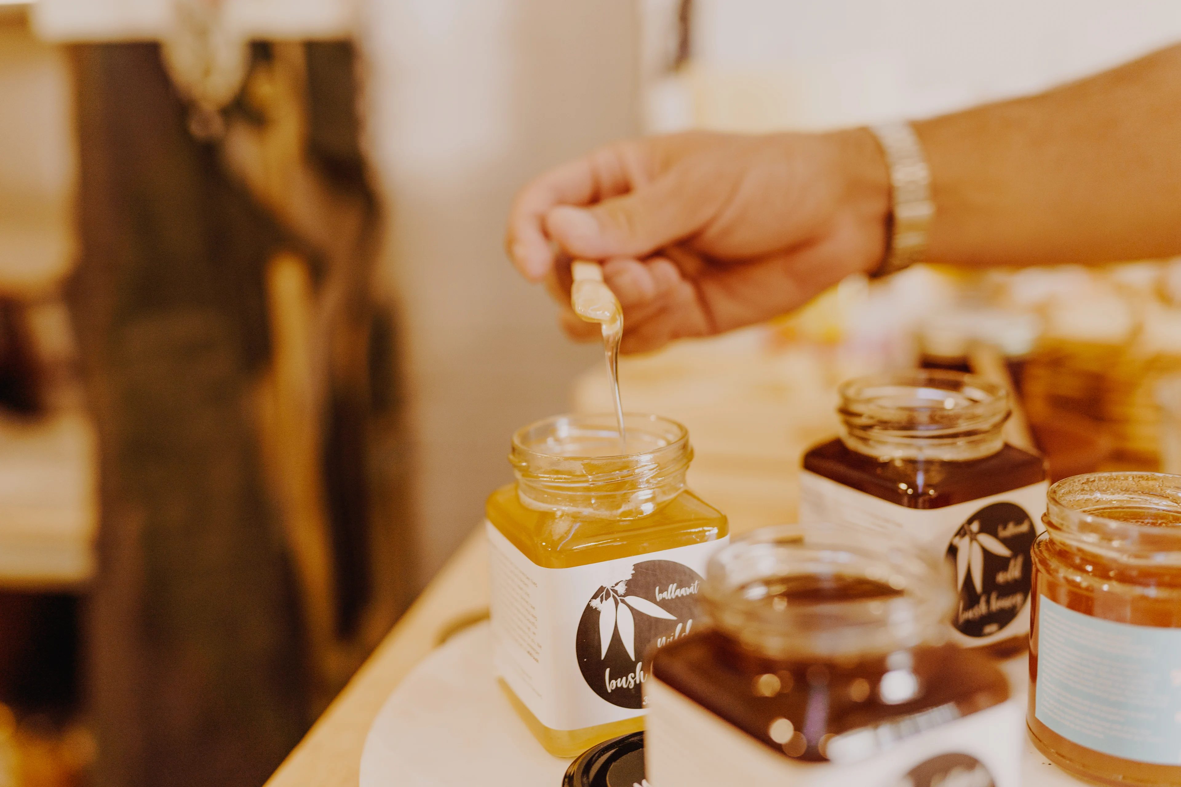 Jars of honey from Backyard Beekeeping Ballarat