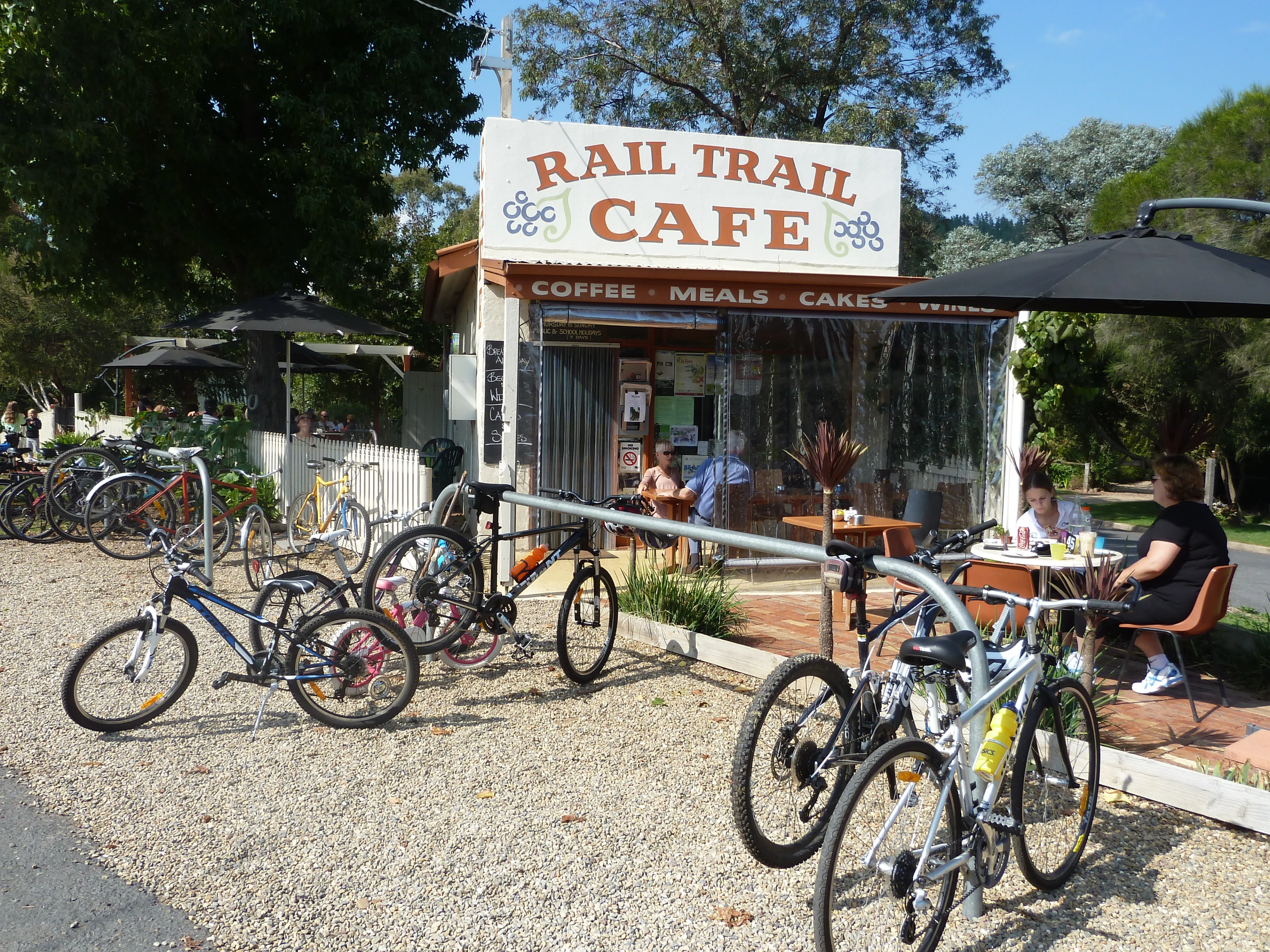 Photo of bicycles in front of the Rail Trail Cafe in Porepunkah, Victoria.