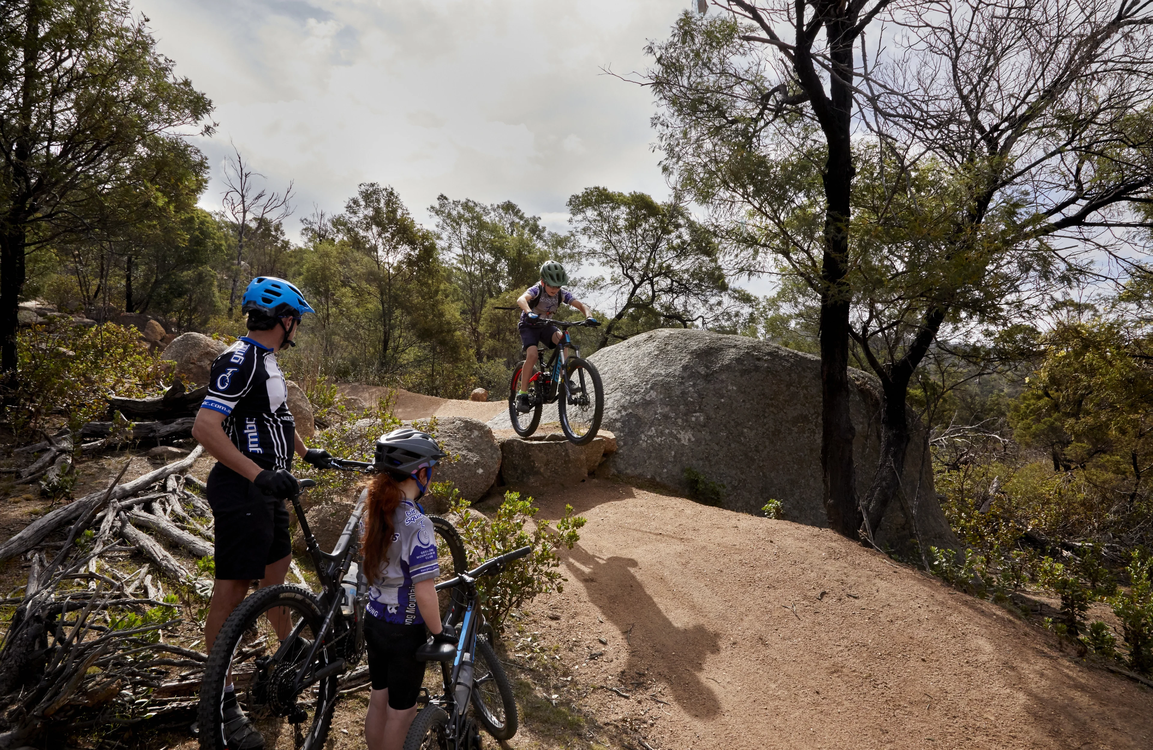 Family riding mountain bike trails at the You Yangs, Victoria