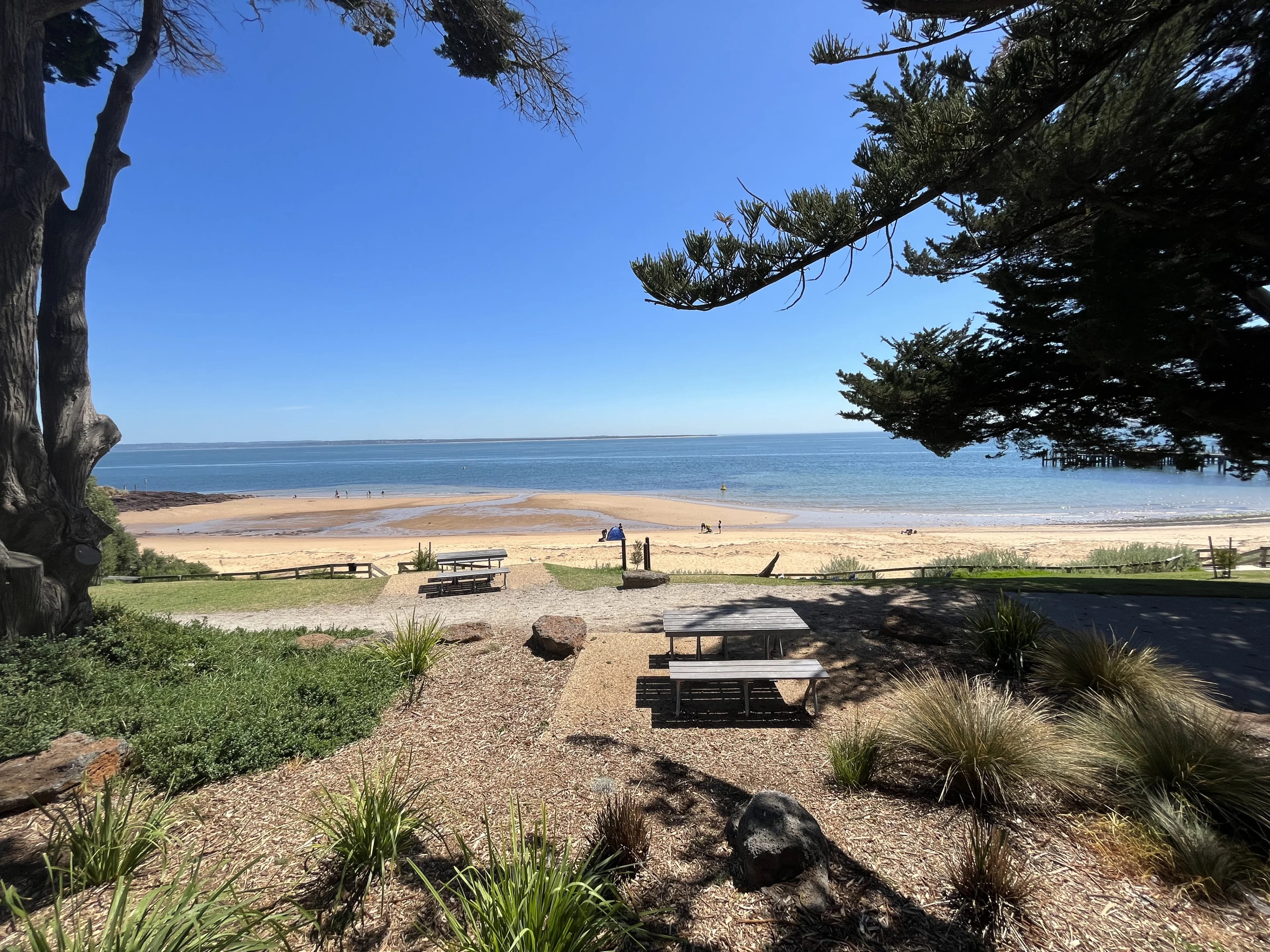 Picnic benches behind the Cowes main beach. Cowes, Phillip Island, Victoria.