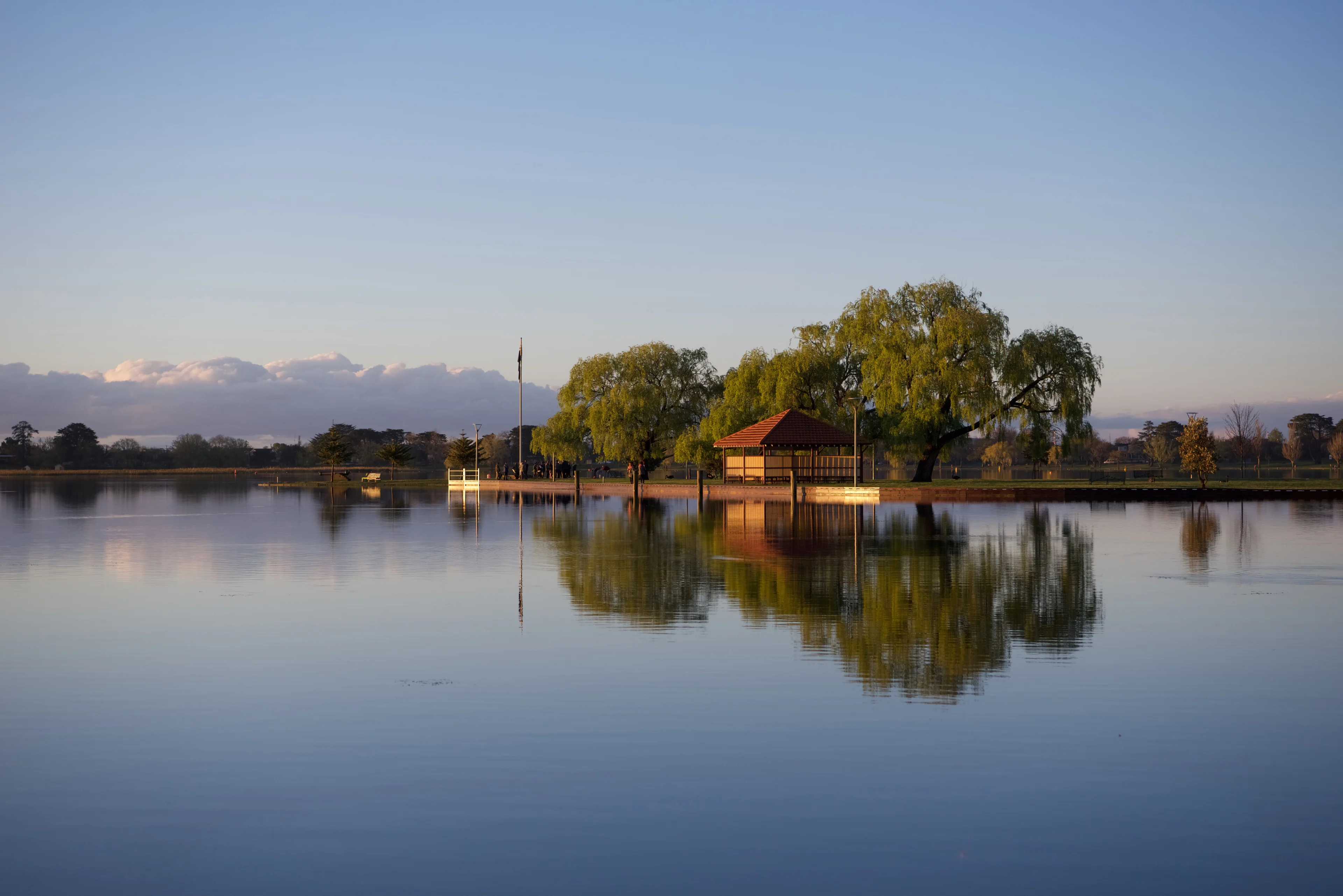 Reflection of the boat house on the lake at Lake Wondouree, Ballarat