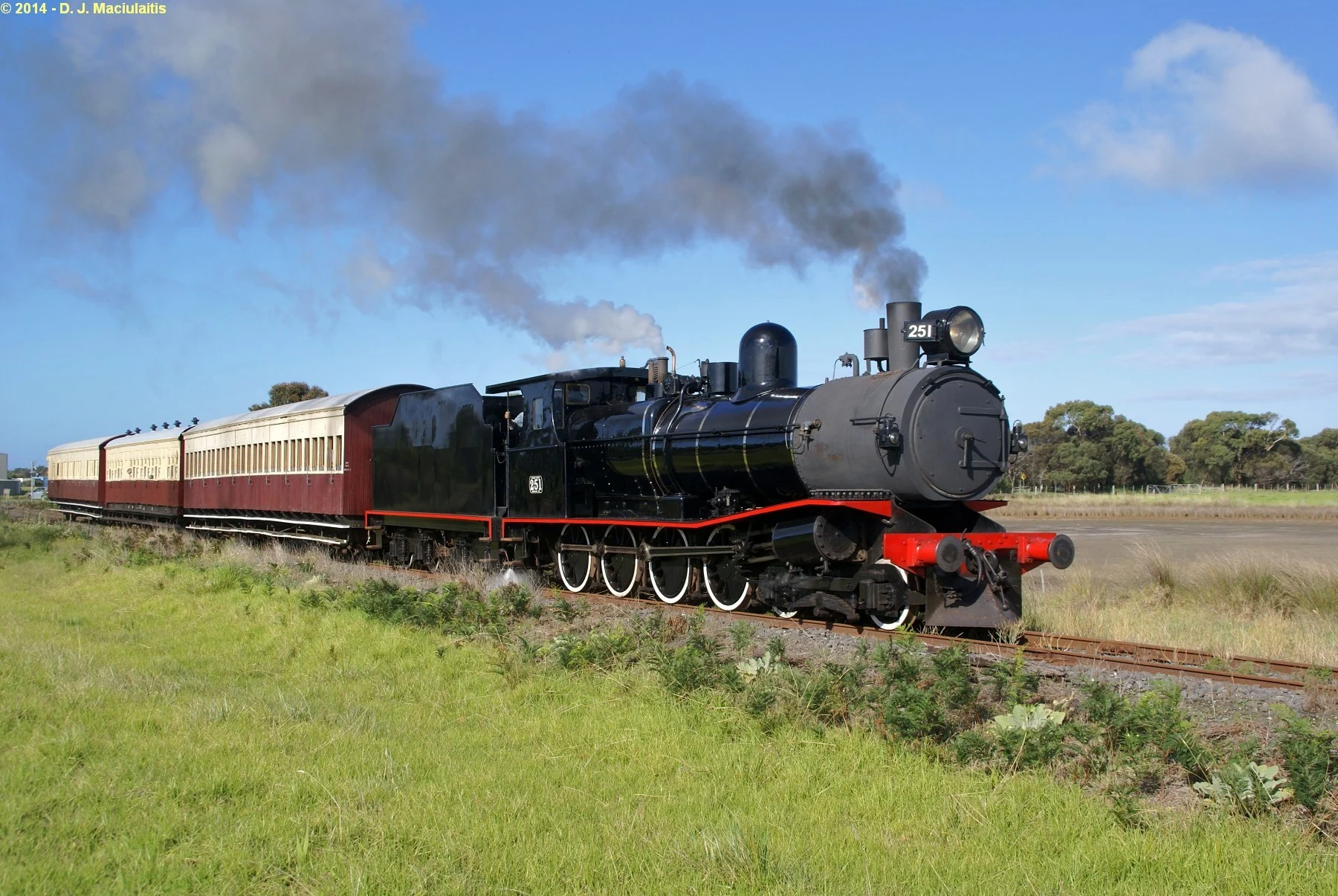 A steam engine train on the Bellarine Railway. The railway runs from Queenscliff to Drysdale.