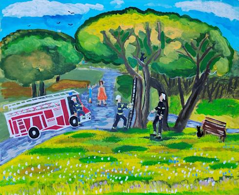 "Пожарникари спасяват котка", Мариета Делчева, 12 г.