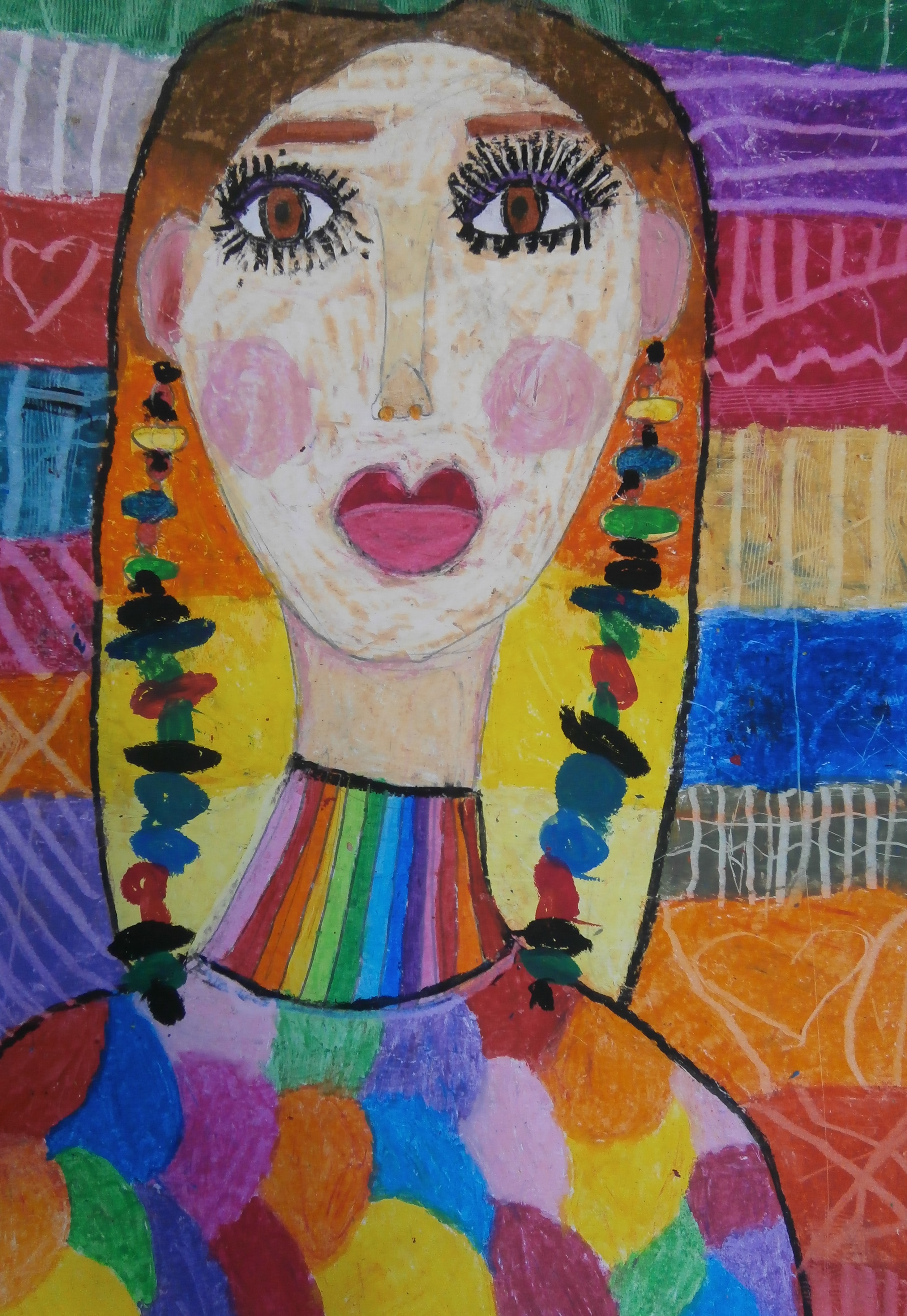 Светлана Въскова,10 г., пастелна рисунка „Момиче с дълги цветни обеци“