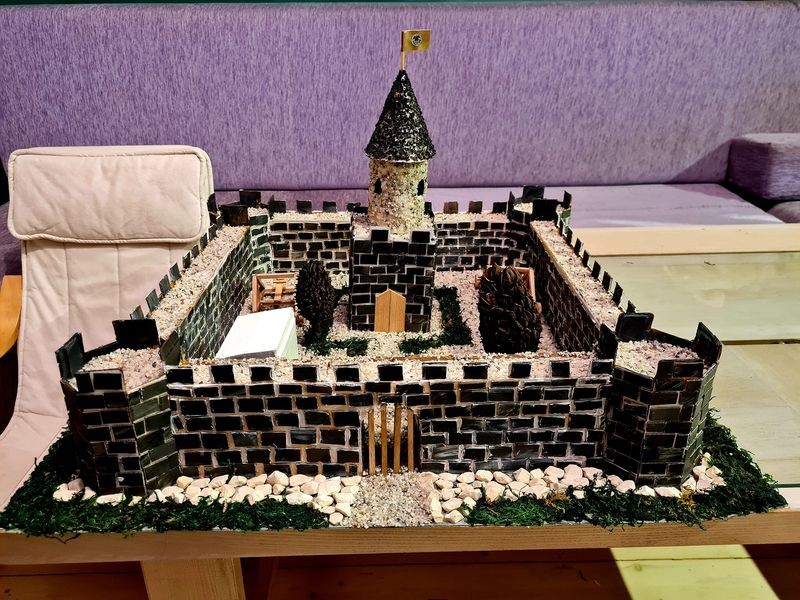 Замък, изработен от картон, камъни, дърво и мъх.