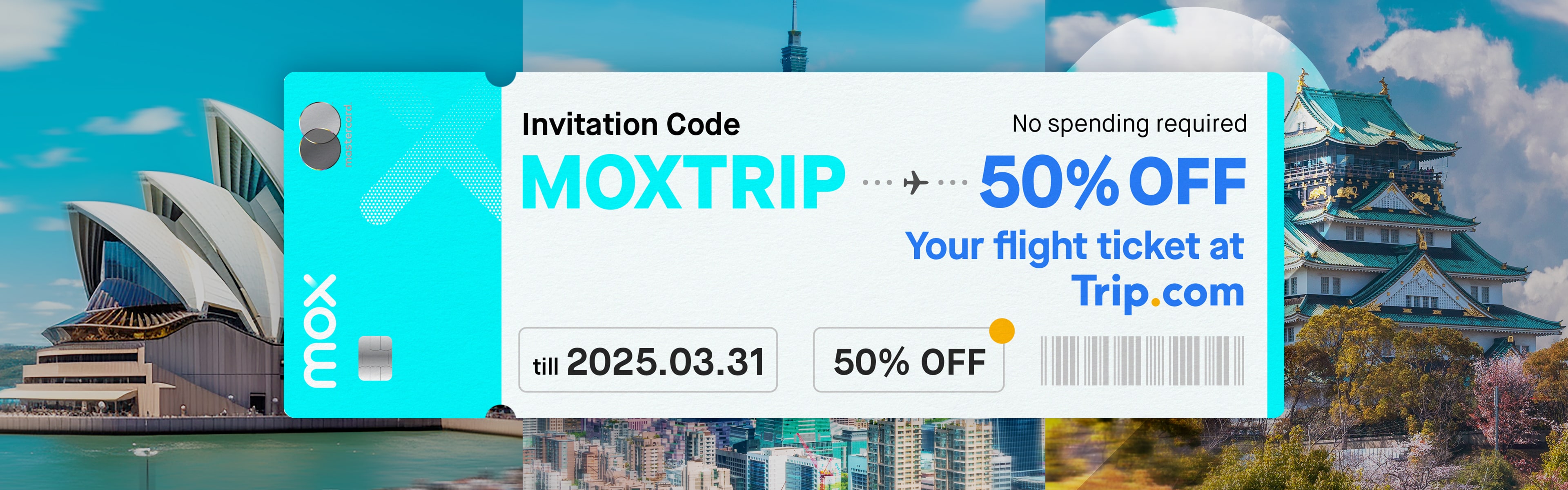 Open a Mox Account and get 50% off on your flight ticket, no spending required!