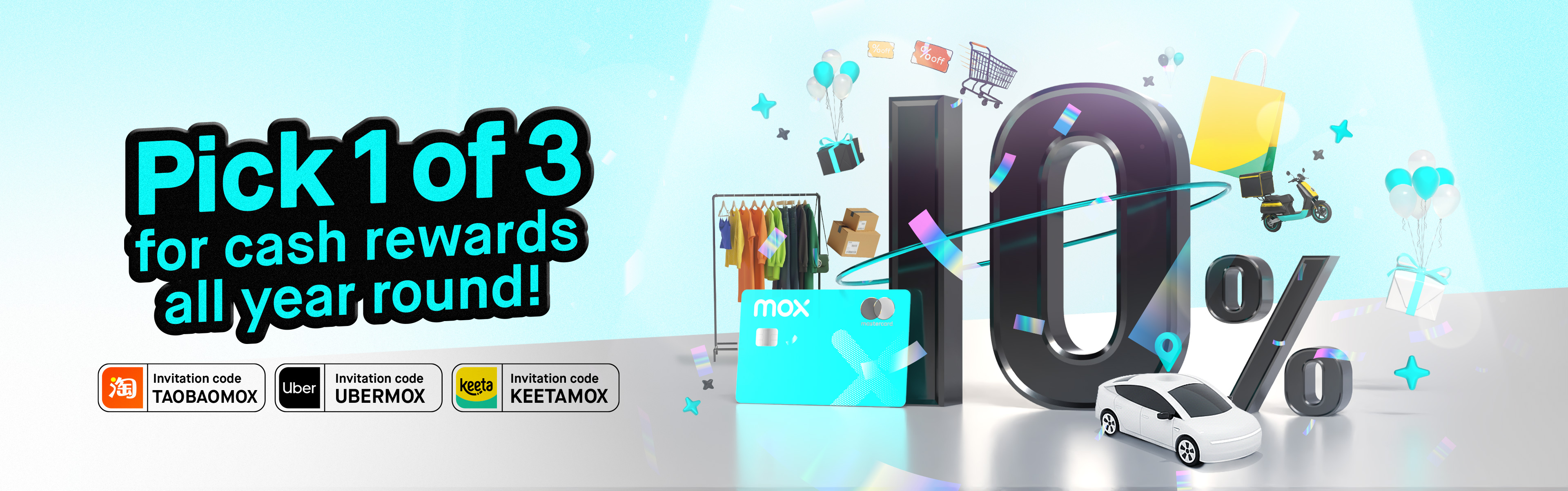 A fresh welcome offer: Pick 1 of 3 for 10% cash reward on Taobao, Keeta,  Uber eligible transactions* 🎯 | Mox