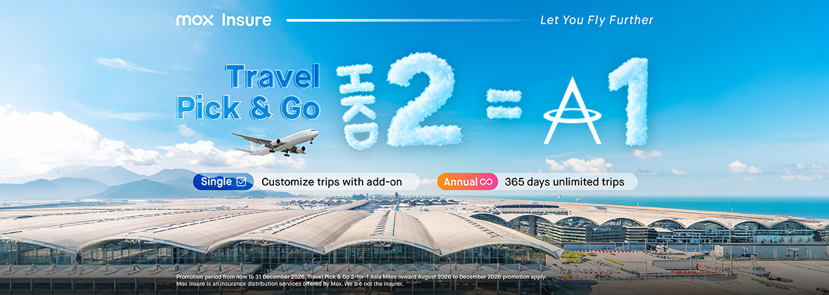 Earn 1 Asia Mile for every HKD2 spent on Travel Pick & Go Insurance 