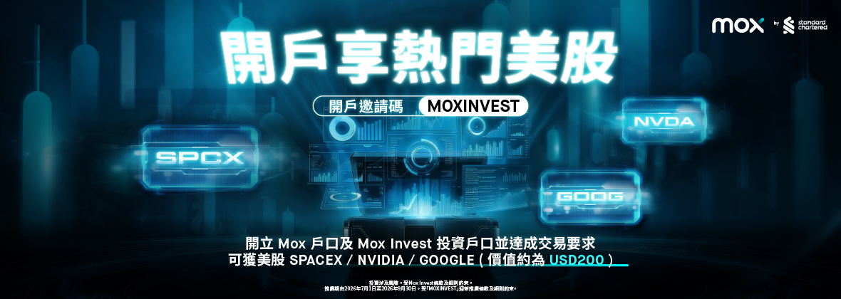 用 「MOXINVEST」 開戶並投資，送SpaceX/NVIDIA/Google美股碎股價值約為USD200及更多交易優惠