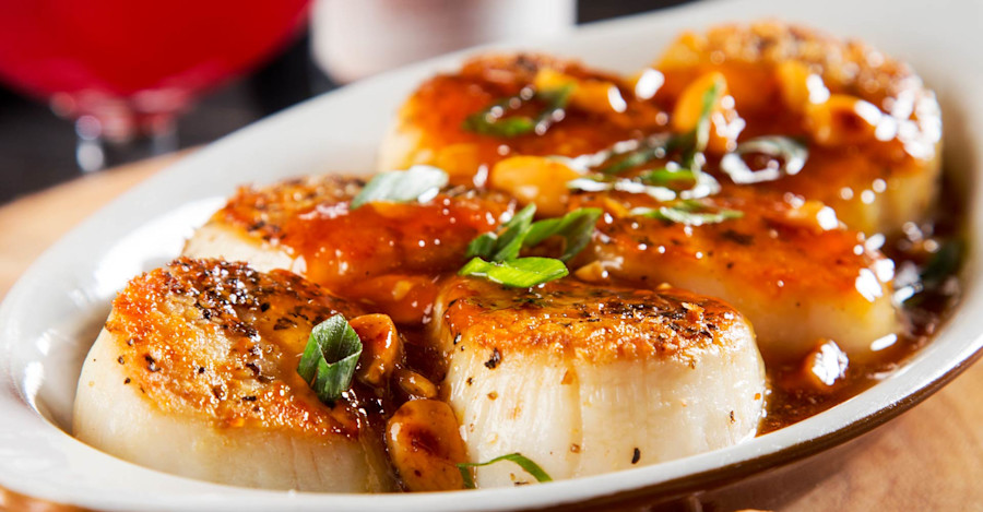 Apricot Ale Scallops with Chopped Marcona Almonds Recipe Image