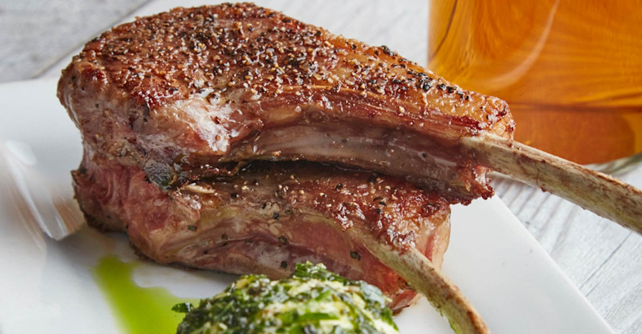 Ale-Brined Lamb with Walnut Mint Pesto and Burrata Recipe Image