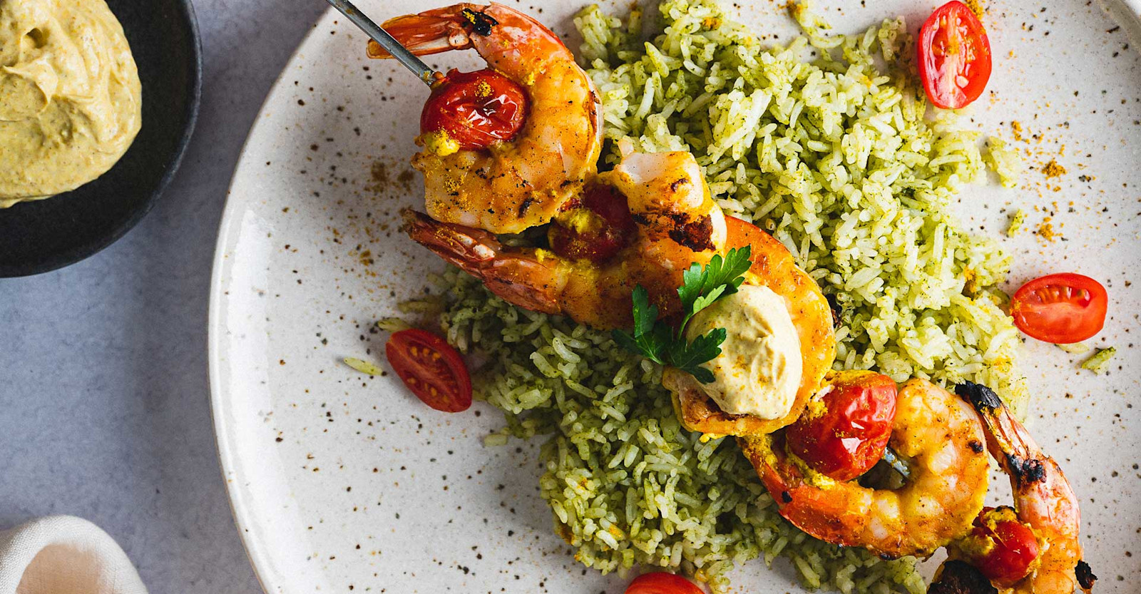 Grilling with Weissbier: Curry-Yogurt Marinated Shrimp Skewers with Green Rice Primary Image