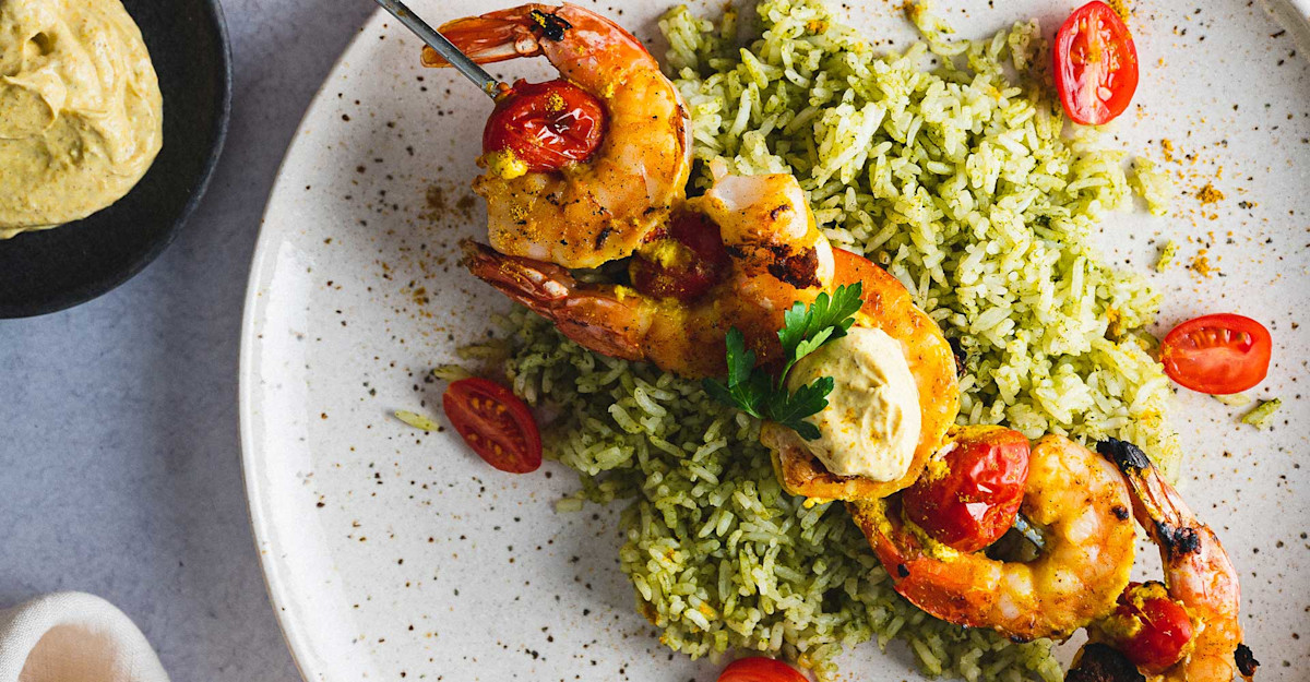 Grilling with Weissbier CurryYogurt Marinated Shrimp Skewers with Green Rice Craft Beer