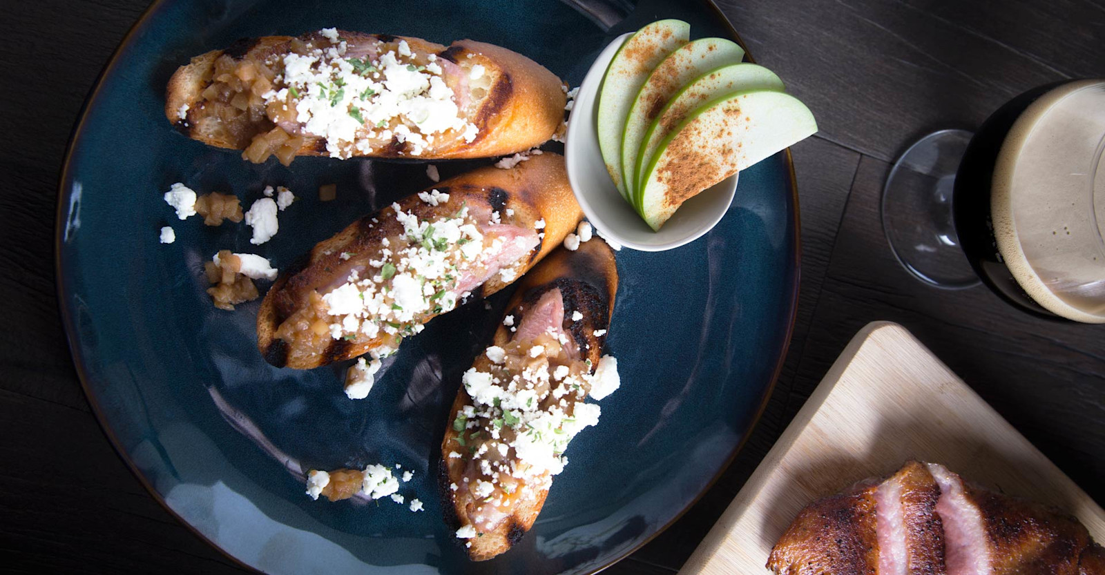 Seared Duck Bruschetta with Stout Apple Chutney Recipe Primary Image