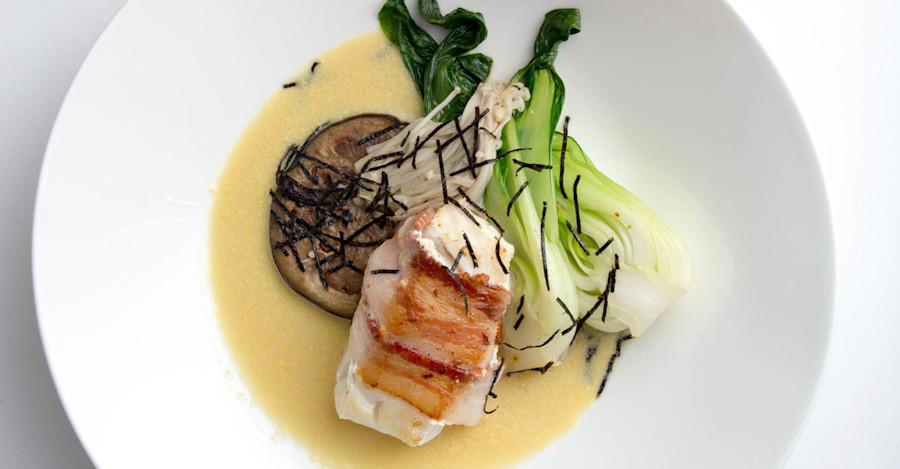 Bacon-Wrapped Monkfish and Wheat Beer Corn Nage Recipe Image