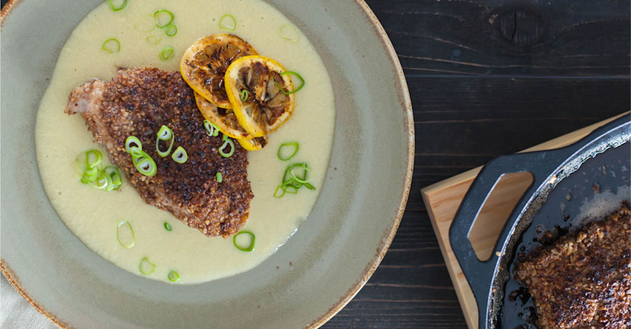 Pecan-Crusted Catfish with Sweet Corn Puree Recipe Image