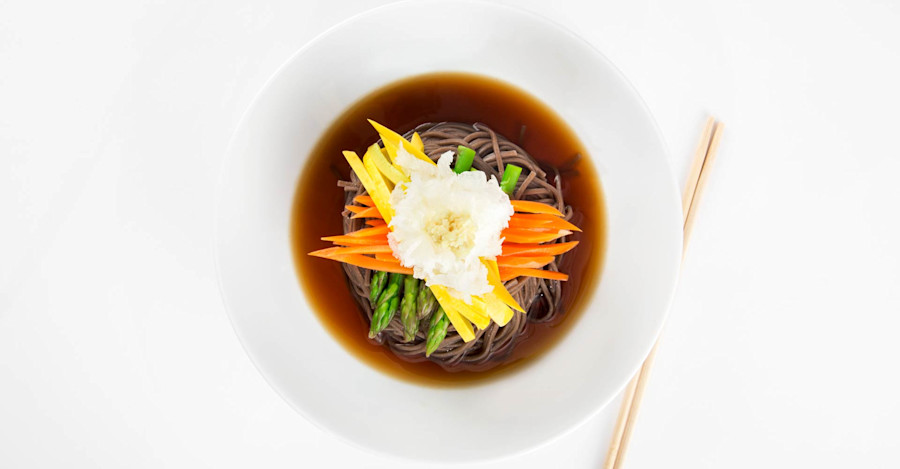 Maru Soba with Spring Vegetables and Beer-dashi Recipe Image