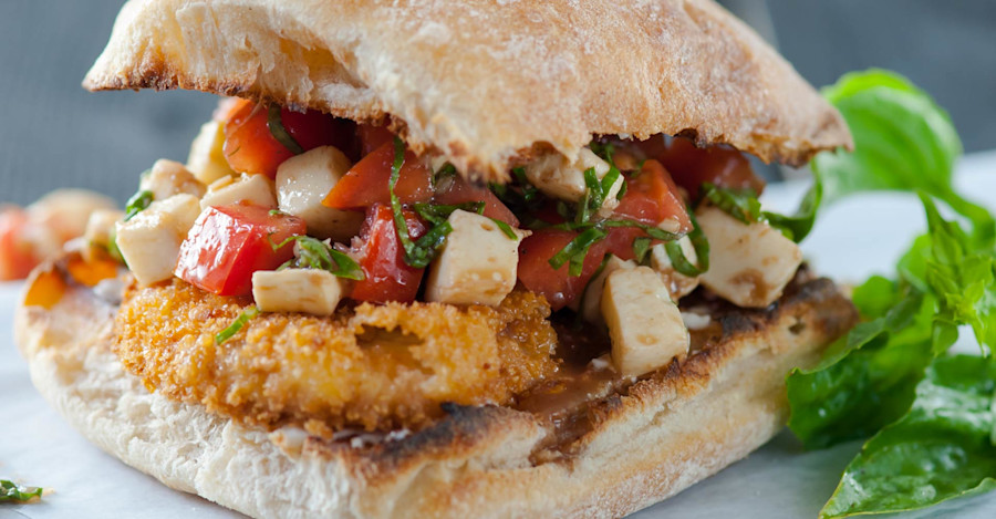 Panko Chicken Sandwich with Tomato-Mozzarella Relish Recipe Image