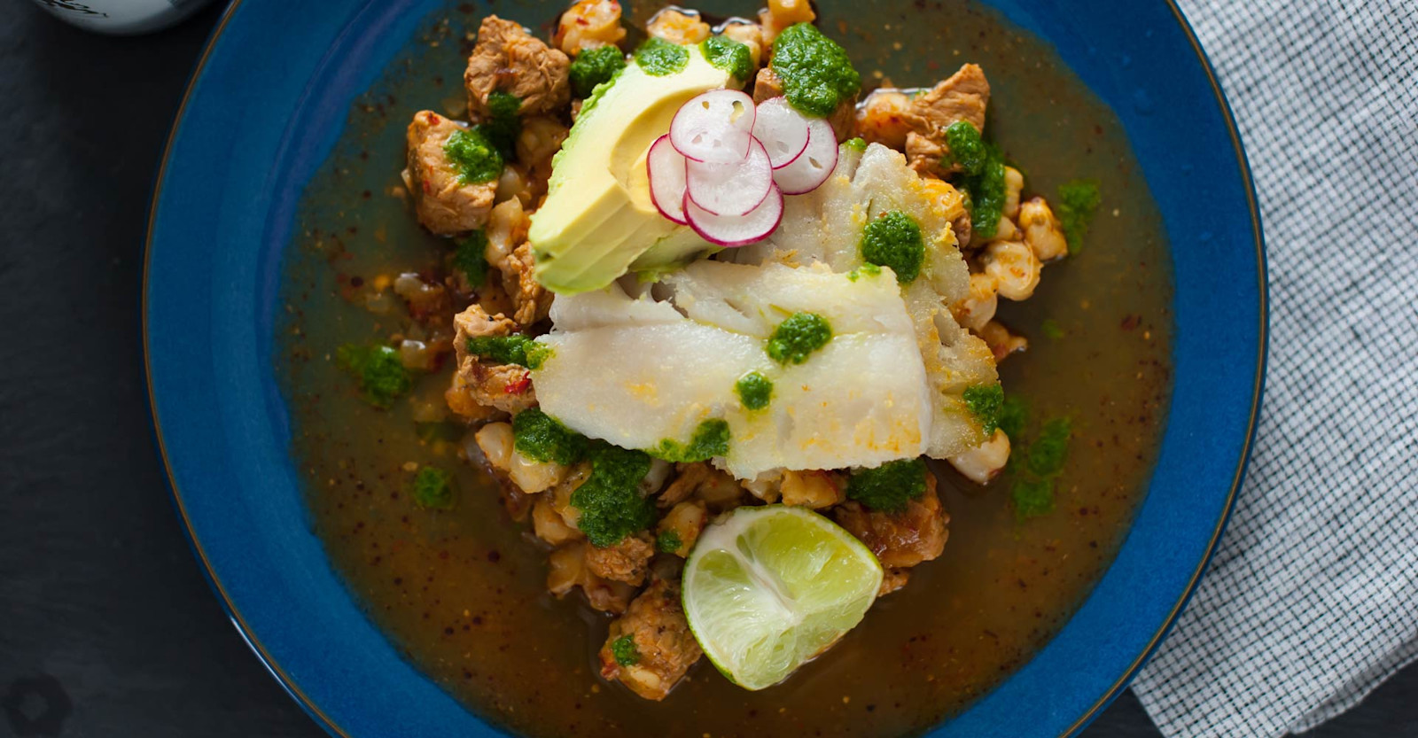 Seared Cod with Pork Posole and Cilantro Pesto Recipe Primary Image