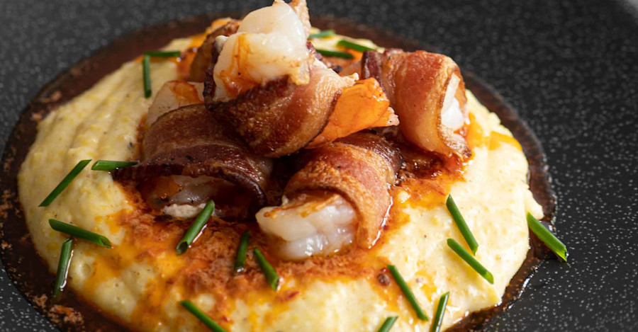 Cooking with Hazy Double IPA: Bacon-Wrapped Shrimp and Grits with Tomato-Chipotle Butter Image