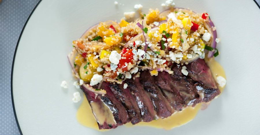 Flat Iron Steak with Beer Hollandaise and Heirloom Tomato-Quinoa Salad Recipe Image