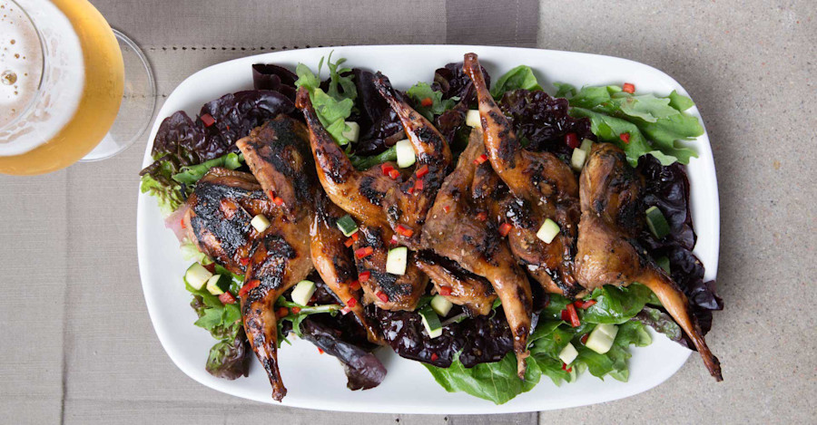 Molasses Porter Quail with Baby Lettuces and MaiBock Vinaigrette Recipe Image