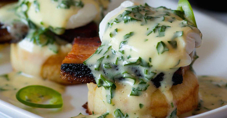 Hop-Head Red Pork Belly and Poached Egg on a Malted Crumpet Recipe Image