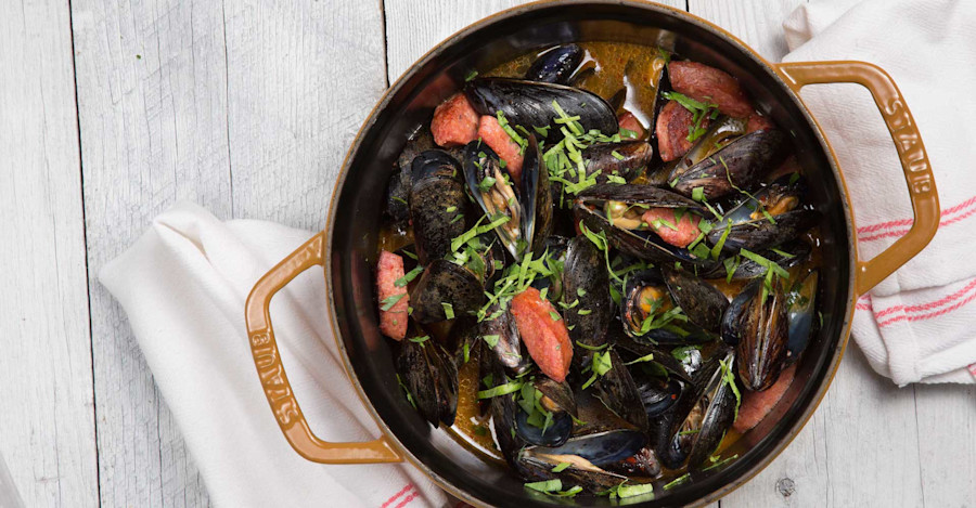 Mussels and Hot Smoky Links with Dijon Wheat-Beer Broth Recipe Image