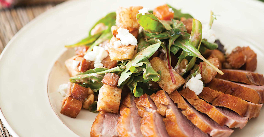 Seared Duck Breast with Caramelized Sweet-Potato Panzanella Recipe Image