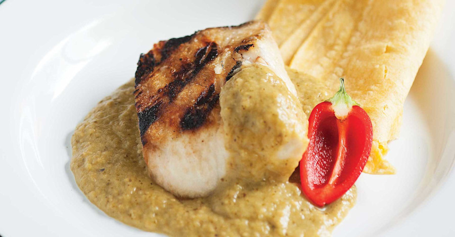 Grilled Cobia with Roasted Tomatillo IPA Puree Recipe Image